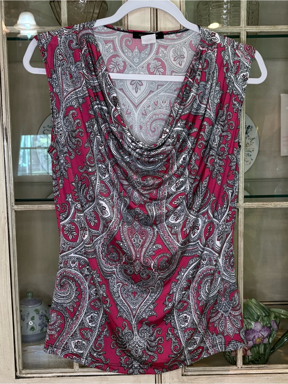 Raspberry, White, and Black Paisley Cowl Neck Camisole